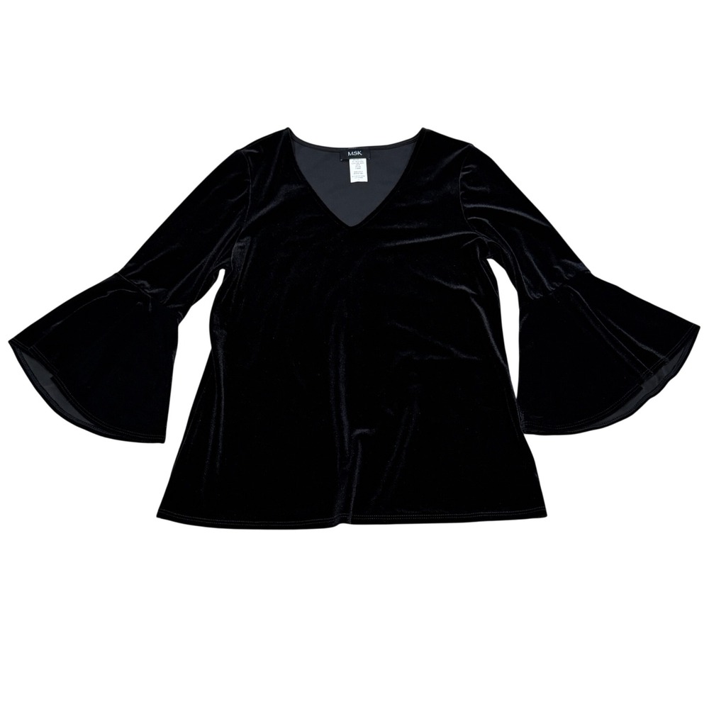 MSK Women Velvet Bell‎ Sleeve V-Neck Top Size L Black Vamp Whimsigoth Moody Dark